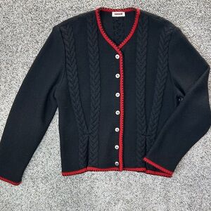 RODIER Vintage Cardigan, Cable Knit Pleat Detail, Red Trim, Metal Buttons Size M